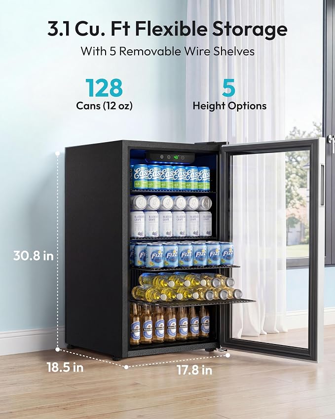 EUHOMY Beverage Refrigerator and Cooler, 128 Can Mini fridge with Glass Door, Small Refrigerator with Removable Shelves for Soda Beer or Wine, Perfect for Home/Bar/Office, Silver