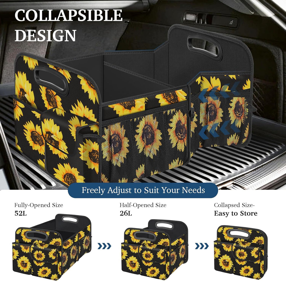 Femuar Car Trunk Organizer, Car Storage Organizer with Large Capacity Waterproof Collapsible Trunk Organizer for Car Suv/Jeep/Sedan (Sunflower, Standard)