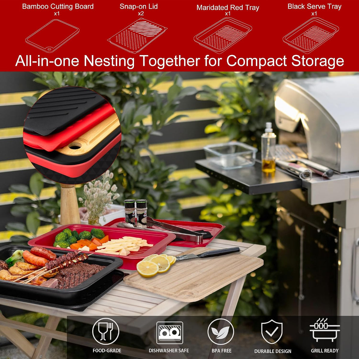 Deep Grill Carry System with Lids, Cutting Board, Tong, Gift Ready BBQ Carry Tray for Prepping, Marinating and Serving, Diswasher Safe, Nesting Platters Black in Red