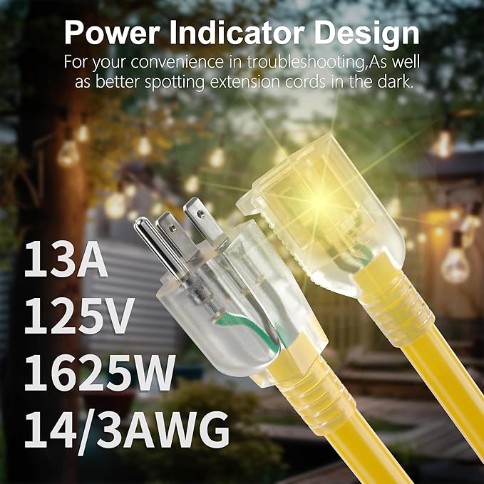 HUANCHAIN 150 ft 14/3 Gauge Heavy Duty Outdoor Extension Cord Waterproof with Lighted, Flexible Cold Weather 3 Prong Electric Cord Outside, 13A 1625W 125V 14AWG SJTW, Yellow, ETL Listed