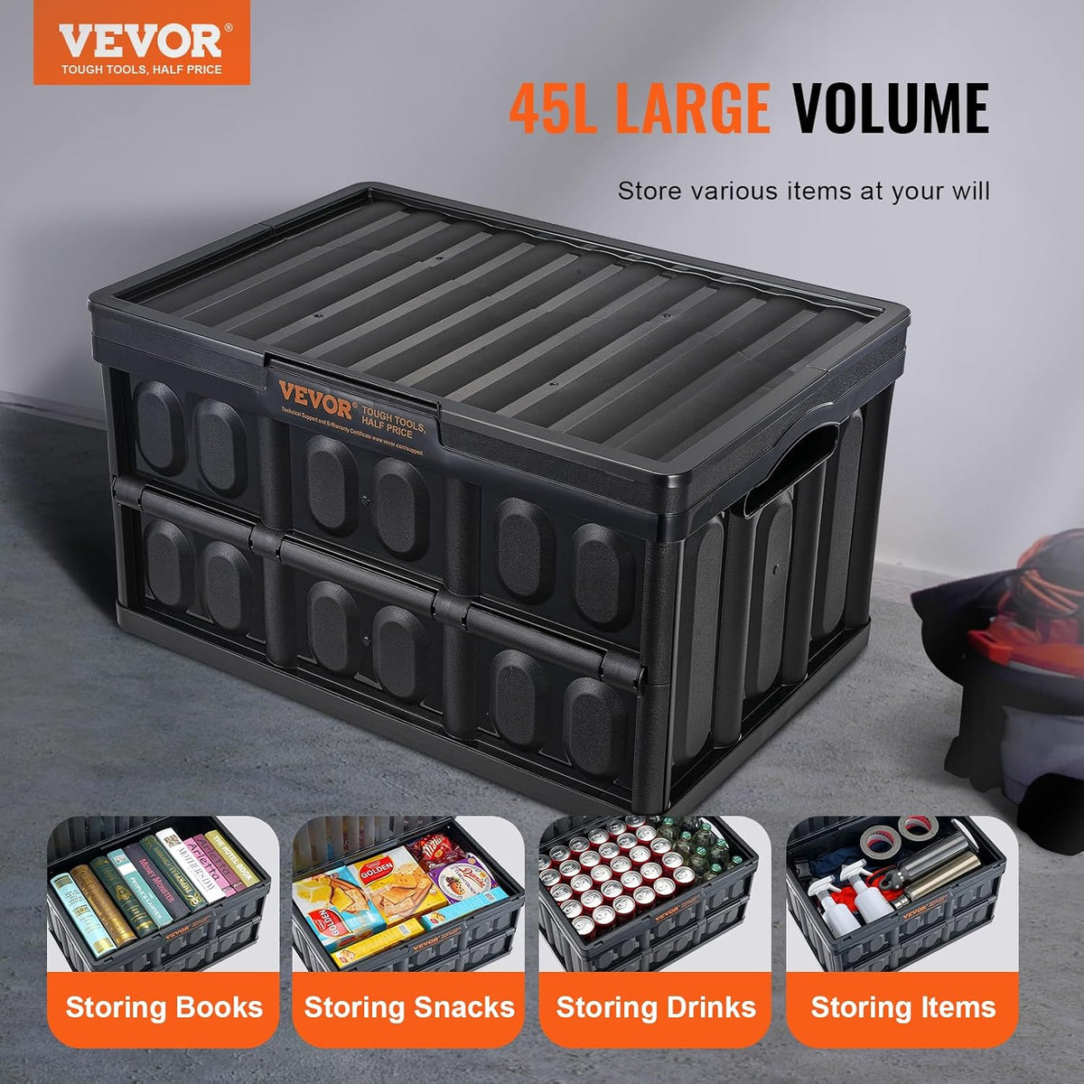VEVOR 45L Collapsible Storage Bins with Lids 3 Packs, Stackable Utility Crates with Handles, Large Folding Containers for Organizing Tools, Snacks, Books, Food, Drinks, Camping & Transport