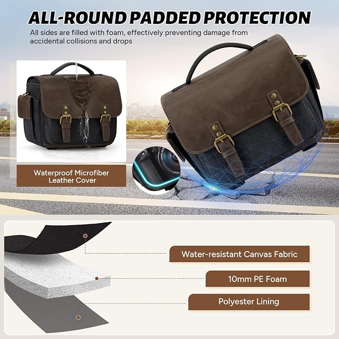 RAINSMORE Camera Bag, Vintage Canvas Camera Sling Bag Small Waterproof DSLR SLR