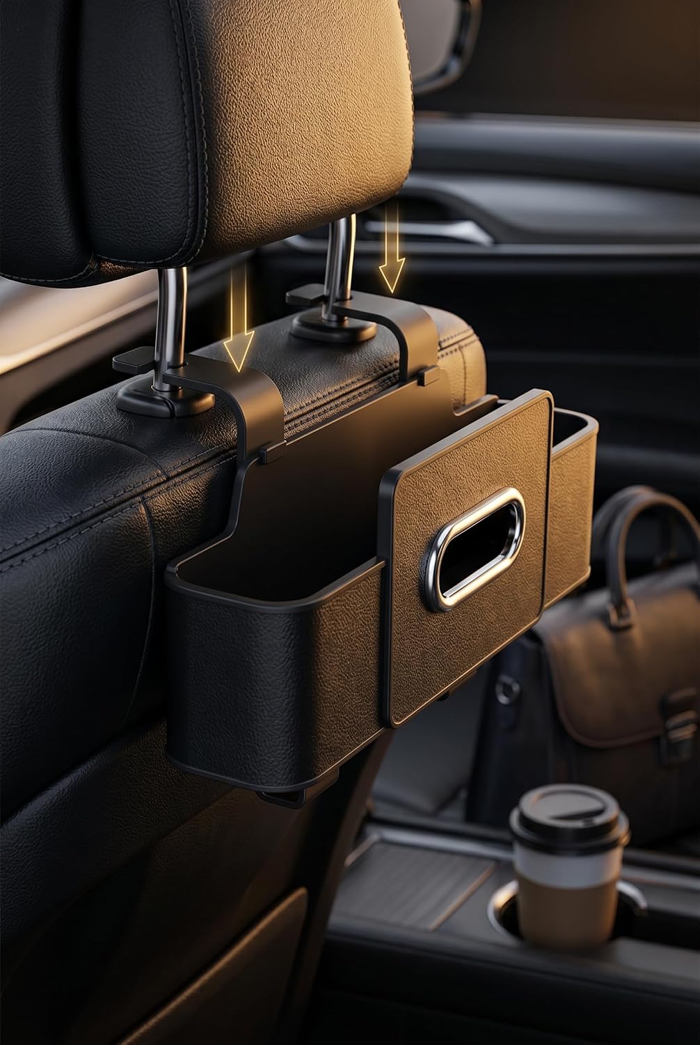 3-in-1 Back Seat Car Organizer, Waterproof Car Tissue Holder with Cup Holder & Hooks, Multifunctional Storage Box for Hold Phones Snacks Drinks Handbags (Black)