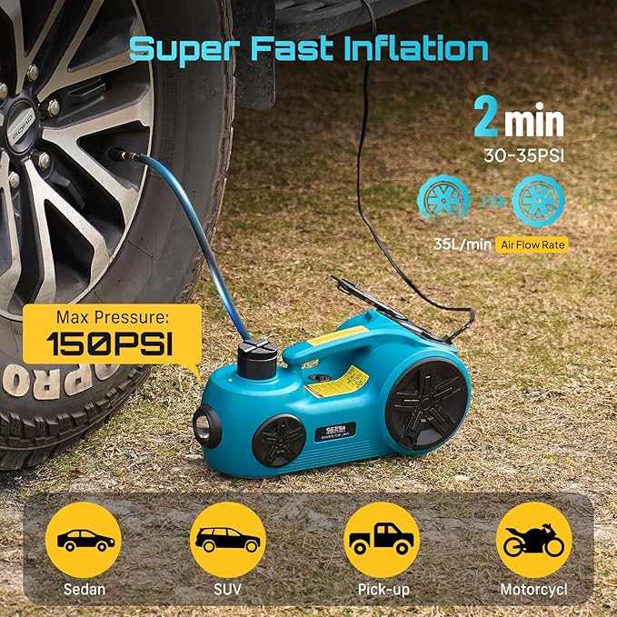 SEESII Electric Car Jack Kit: 5 Ton 12V Hydraulic car Jack with Impact Wrench and Tire Inflator Pump, 17.7 Inch Lift Range 3in1 Floor Jack Lift for SUV MPV Sedan Truck Change Tires Garage Repair