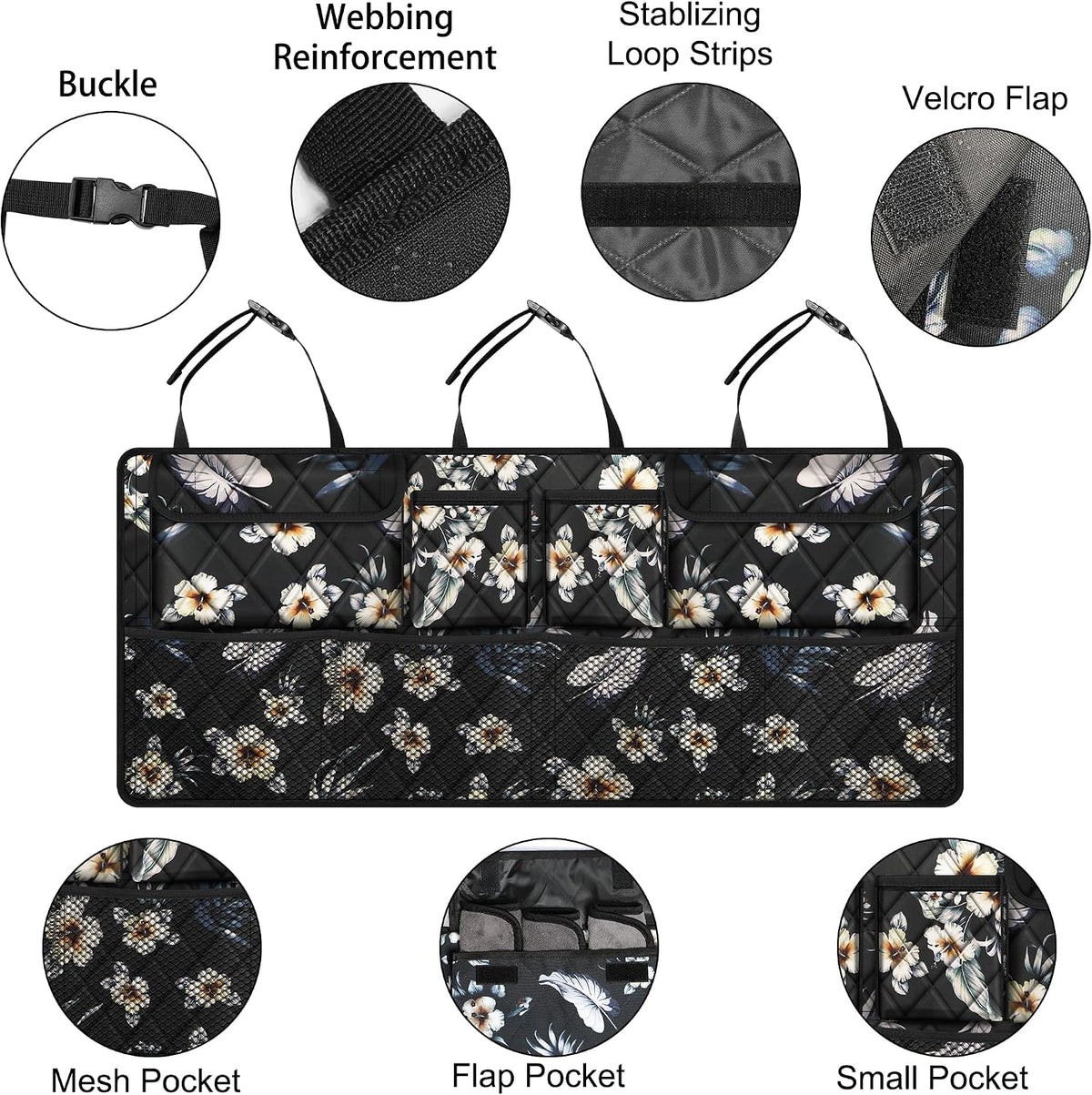Femuar Car Trunk Organizer, Large Capacity Backseat Trunk Organizer (42"*18"), Collapsible Car Storage Bag with 8 Pockets - Hibiscus