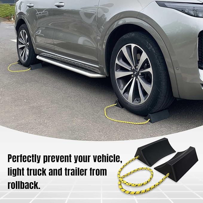 HOXWELL Dual Wheel Chocks, Light Non-Slip Wheel Stoppers with Nylon Rope Yellow Reflective Tape, Wheel Block for Lightweight Travel Trailer, Light Truck, Car, Tractor, Lawnmower 1 Pair, Black&Yellow