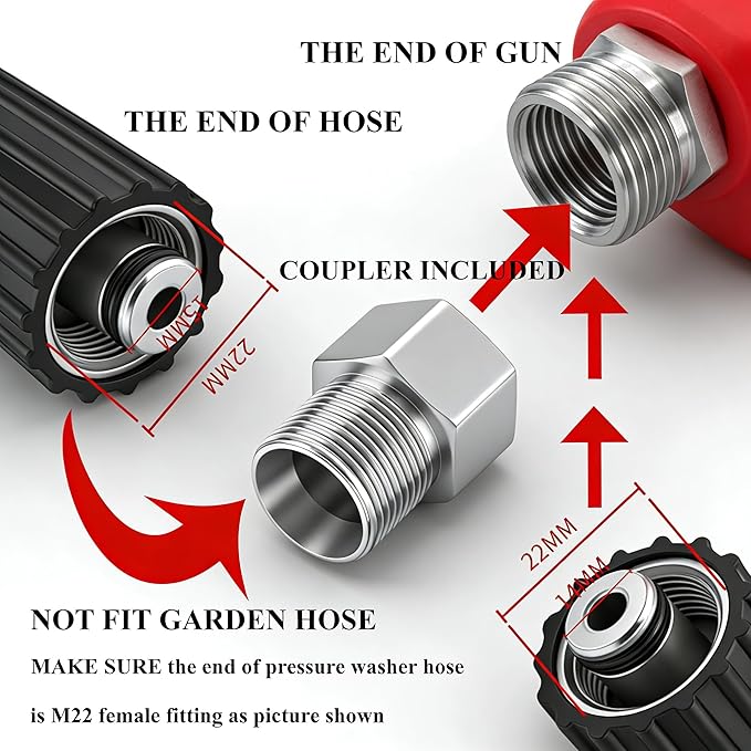 Hourleey Pressure Washer Gun and Hose Kit, 50 FT Kink Resistant Power Washer Hose and Replacement Wand Extension, 5 Nozzle Tips, M22-14 Fitting, 3600 PSI