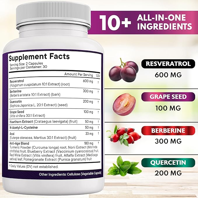 NEW AGE Resveratrol, Berberine, Grape Seed Extract, Quercetin, Polyphenol Supplement for Women and Men with Noni Extract, N-Acetyl Cysteine, Acai Extract - 180 Capsules