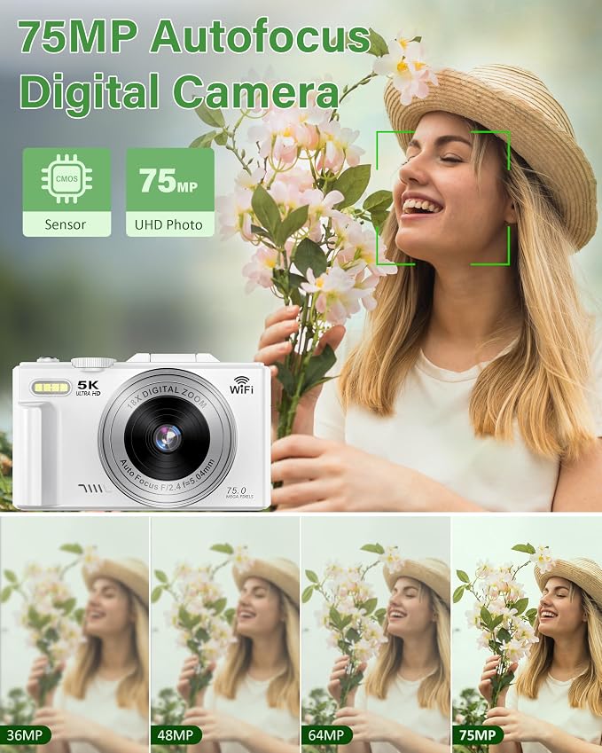 5K Digital Camera for Photography, 75MP WiFi Vlogging Camera for YouTube