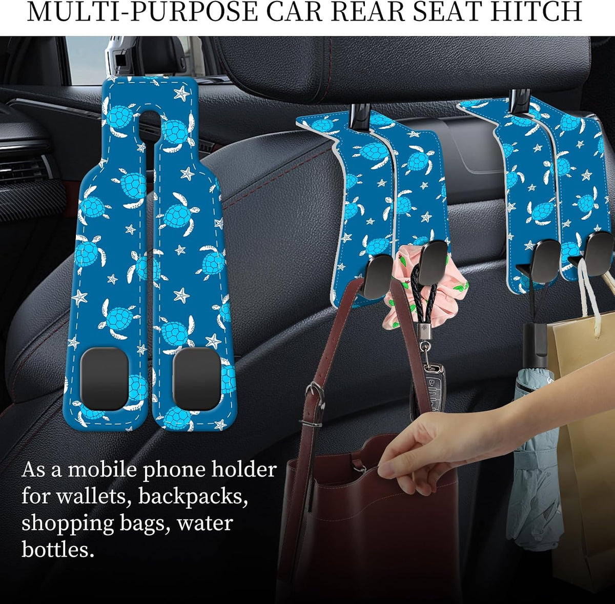 PU Leather Car Seat Hook, Storage Headrest Hanger, Cute Car Backseat Organizer, Car Hooks For Purses and Bags Cute Blue Sea Turtle