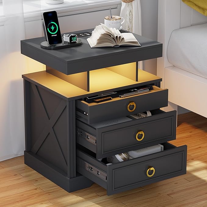 HNEBC Nightstand with Gun Drawers, LED Farmhouse Night Stand with Charging Station, Smart End Table with 3 Color Auto Light, Bedside tabel with Hidden Compartment for Bedroom Furniture-Black
