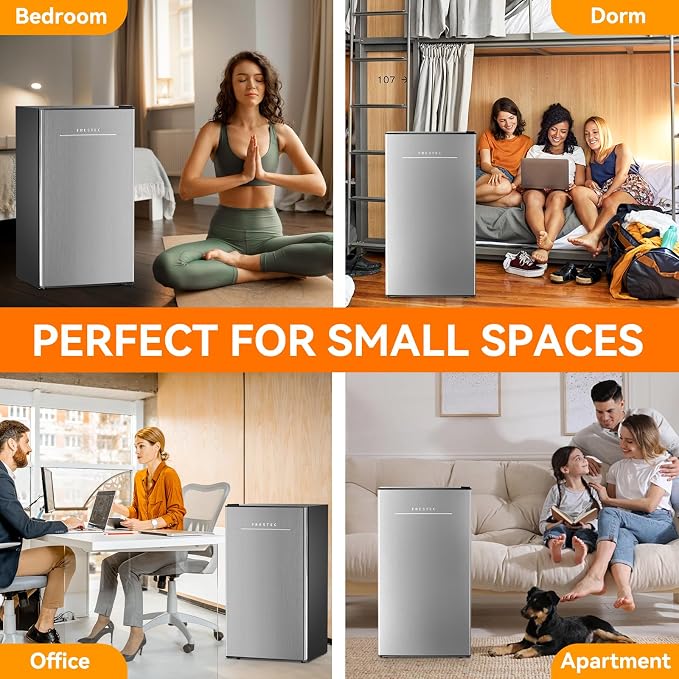 3.2 Cu. Ft. Mini Fridge with Freezer Small Refrigerator, Mini fridge for Bedroom, Dorm, Single Door, Energy Saving, Low Noise,Adjustable Thermostat,Mini Fridge for Office (Grey)
