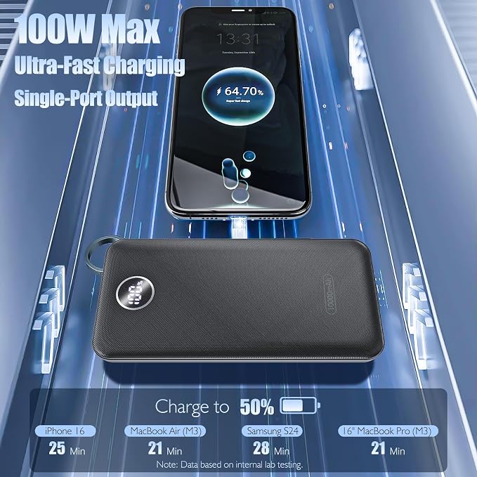 Portable Charger, Compact 10000mAh Power Bank with Type-C Cable, 22.5W Fast Charging External Battery Pack with LED Digital Display for iPhone and Android Black