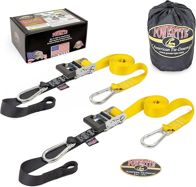 PowerTye 1.5 inch x 10ft Extra Long Ratchet Tie Down Straps, Heavy Duty with Carabiner Hooks, Soft-Tye & Bag, for Motorcycle, ATV & Cargo - 1,000 lb WLL - Made in USA - Yellow/Black Pair