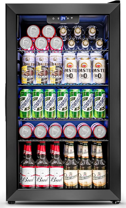 Feelfunn 3.2 Cu.Ft Mini Fridge with Glass Door - 126 Can Beverage Refrigerator Cooler for Drink Beer Wine Soda, Small Fridge for Bedroom Office Bar Dorm, 4 Adjustable Shelves, Black