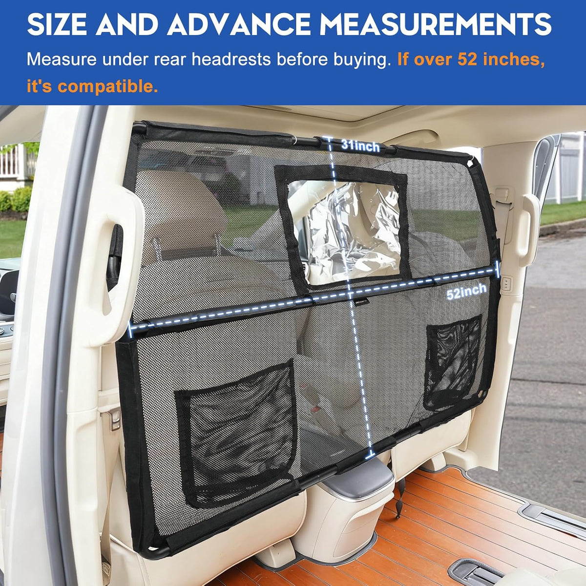 52" Dog Car Barrier for SUV, Wide Escape-Proof & Chew-Proof Dog Car Divider with Removable Visual Window & 2 Storage Pockets, Pet Net Gate for Behind Front Seats, Fits Sedans Cars Trucks