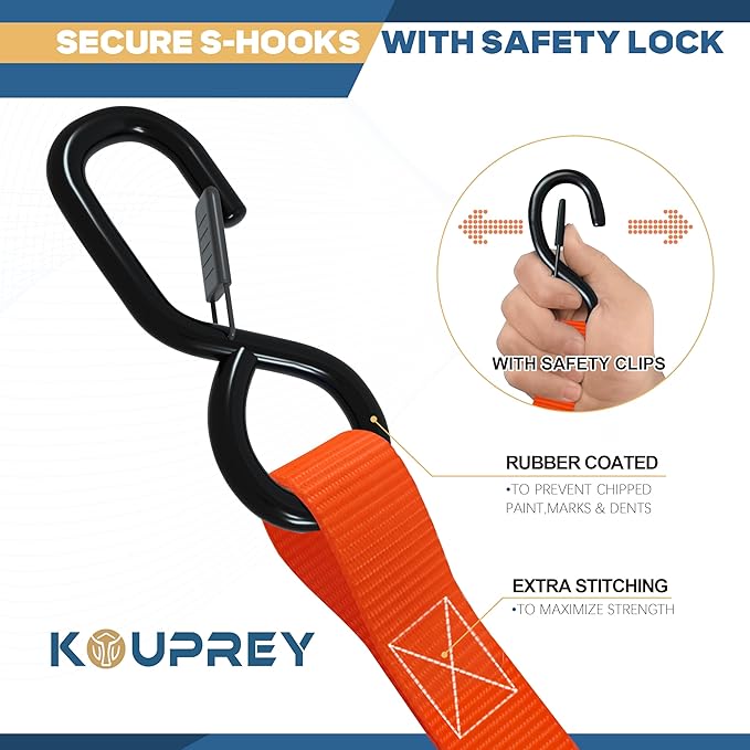 Ratchet Straps, Boat Tie Down Straps to Trailer, Motorcycle Straps, Kayak Tie Downs, 4-PK 1" x 15ft, 1800 LB Break Strength Safety Lock S Hooks & 4 Soft Loops-Secure, Rubber Coated Handle Orange