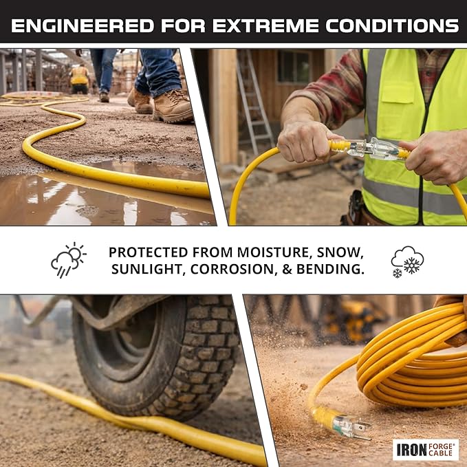 IRON FORGE CABLE 2 Pack of 50 Ft Outdoor Extension Cords - 12/3 SJTW Heavy Duty Yellow 3 Prong Extension Cable, 15 AMP - Great for Garden and Major Appliances