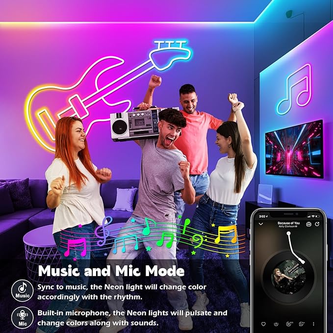 LETIANPAI 100Ft Neon Rope Lights,Flexible Led Rope Lights Control with App/Remote,Multiple Modes Music Sync Gaming RGB Led Neon Lights for Bedroom Outdoor (200FT/60M)