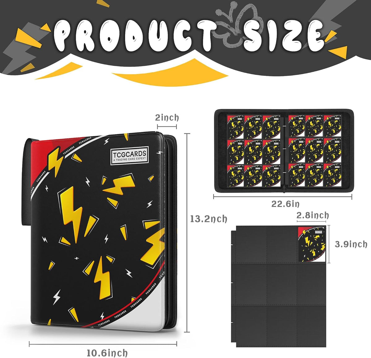 Trading Card Binder - 9 Pocket Album with 50 Removable Sleeves | Fits 900 Cards, Zipper Design, Black