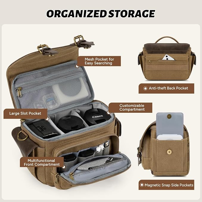 RAINSMORE Camera Bag, Vintage Canvas Camera Sling Bag Small Waterproof DSLR SLR