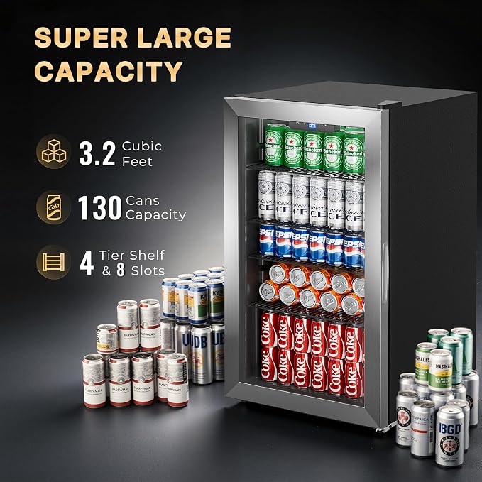 130 Can Beverage Refrigerator, 3.2 Cu.ft Mini Fridge, Glass Door, Silver | 34-64°F, LED Interior Light, Adjustable Removable Shelves, Beverage Cooler for Bedroom, Office, Bar