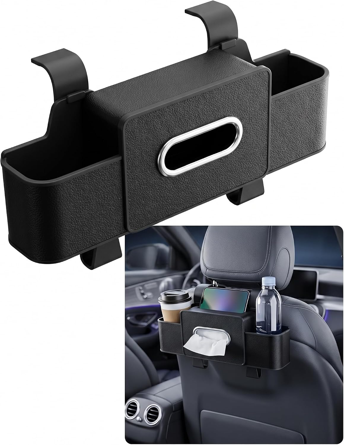 3-in-1 Back Seat Car Organizer, Waterproof Car Tissue Holder with Cup Holder & Hooks, Multifunctional Storage Box for Hold Phones Snacks Drinks Handbags (Black)