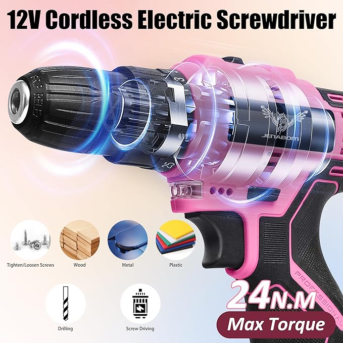 JENABOM Pink Tool Set - 12V Cordless Drill Kit, 151 Piece Home Tool Set With Power Drill, Tool Kits for Men & Women, Perfect for Homeowner, Diyer, Handyman