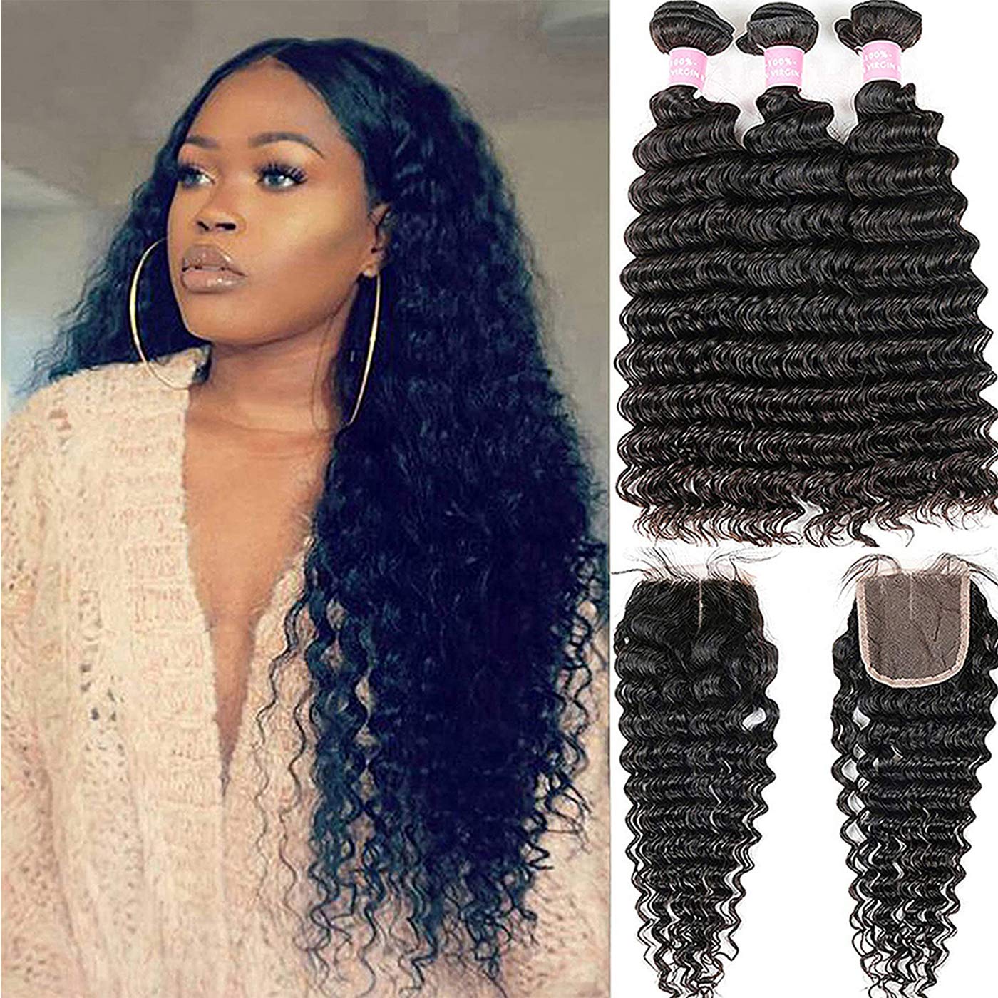 Brazilian 9A Deep Wave 3 Bundles With Closure Virgin Human Hair Bundles With 4X4 Middle Part Closure Unprocessed Virgin Human Ha