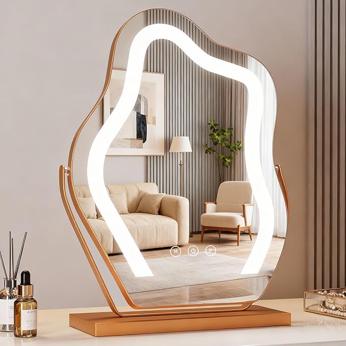 Makeup Mirror with Lights -17″ Cloud Shaped Smart Touch 3-Color Dimmable 360° Rotation Memory Metal Frame Plug-in AC Power Tabletop Vanity Mirror Gift for Women Teen Girls Champagne Gold