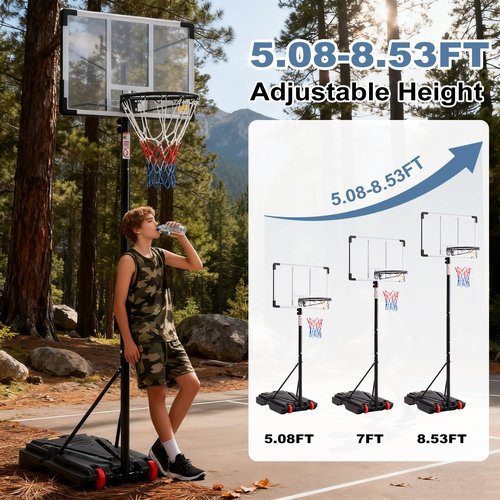 DUMOS 5.08-8.53FT Portable Basketball Hoop Outdoor for Kids, Adjustable Height 44 Inch Shatterproof Backboard w/Shock Absorbent Rim, Fillable Base, 2 Wheels for Swimming Pool/Indoor, White