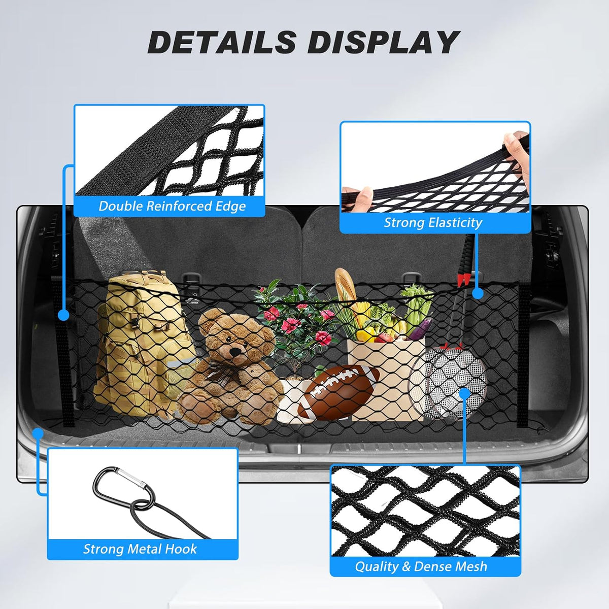 Karltys Envelope Style Cargo Net for 2021-2024 2025 2026 Kia Sorento, Heavy Duty Rear Trunk Mesh Cargo Net for 2025 Sorento Accessories, Elastic Mesh Netting Organizer with Metal Hooks