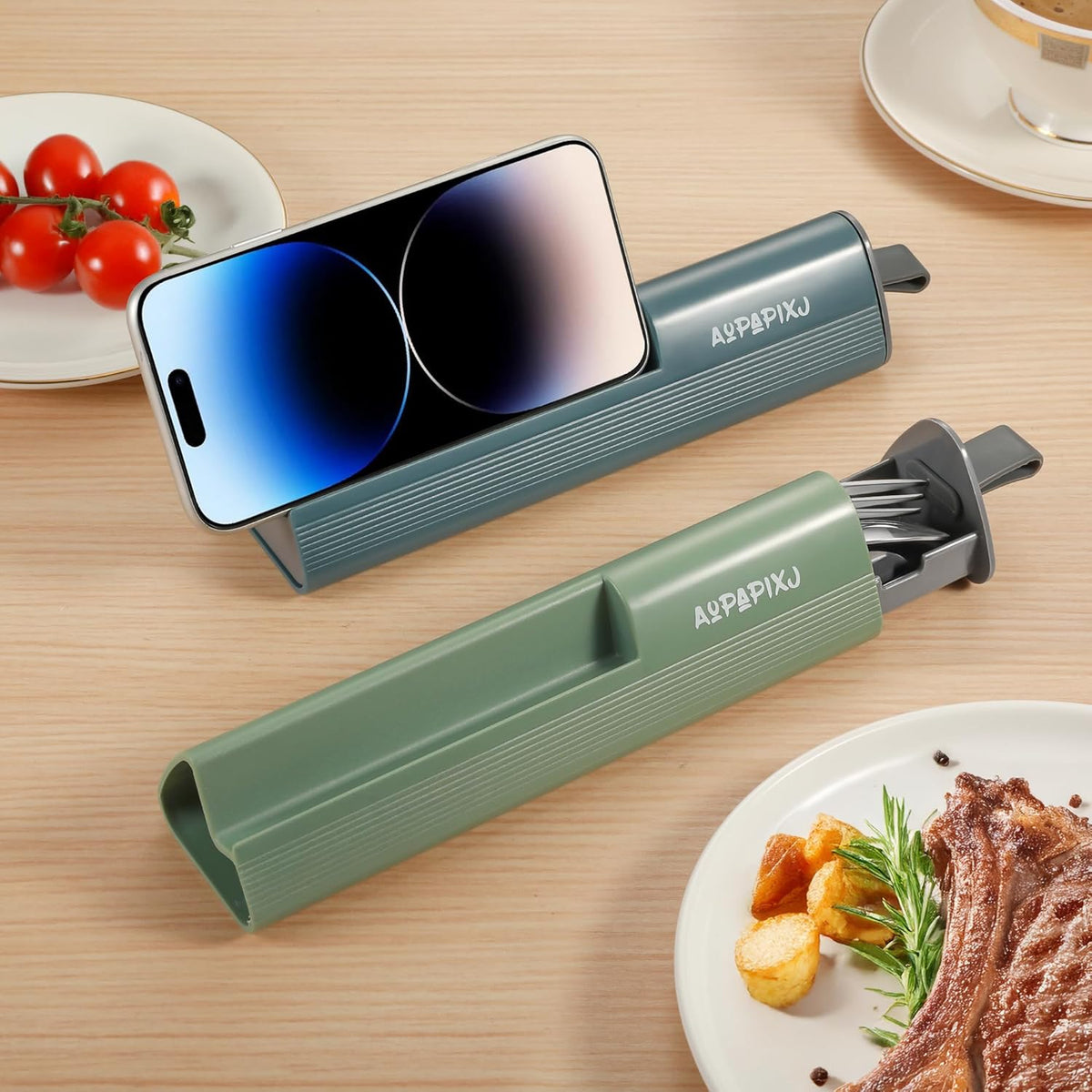 Skiennix Reusable Stainless Steel Utensils Set - Portable Flatware Kit with Case & Phone Stand for Travel, Camping, Outdoor Activities