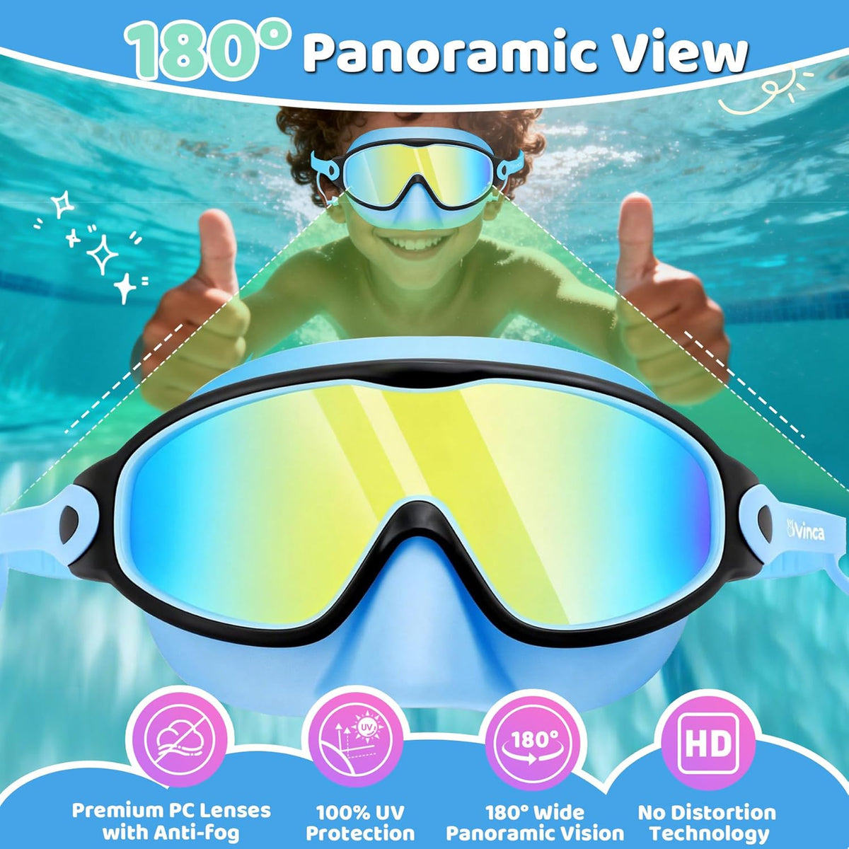 Vvinca Kids Swim Goggles - Anti-Fog Wide View with Nose Cover & Earplugs | For Ages 3-12