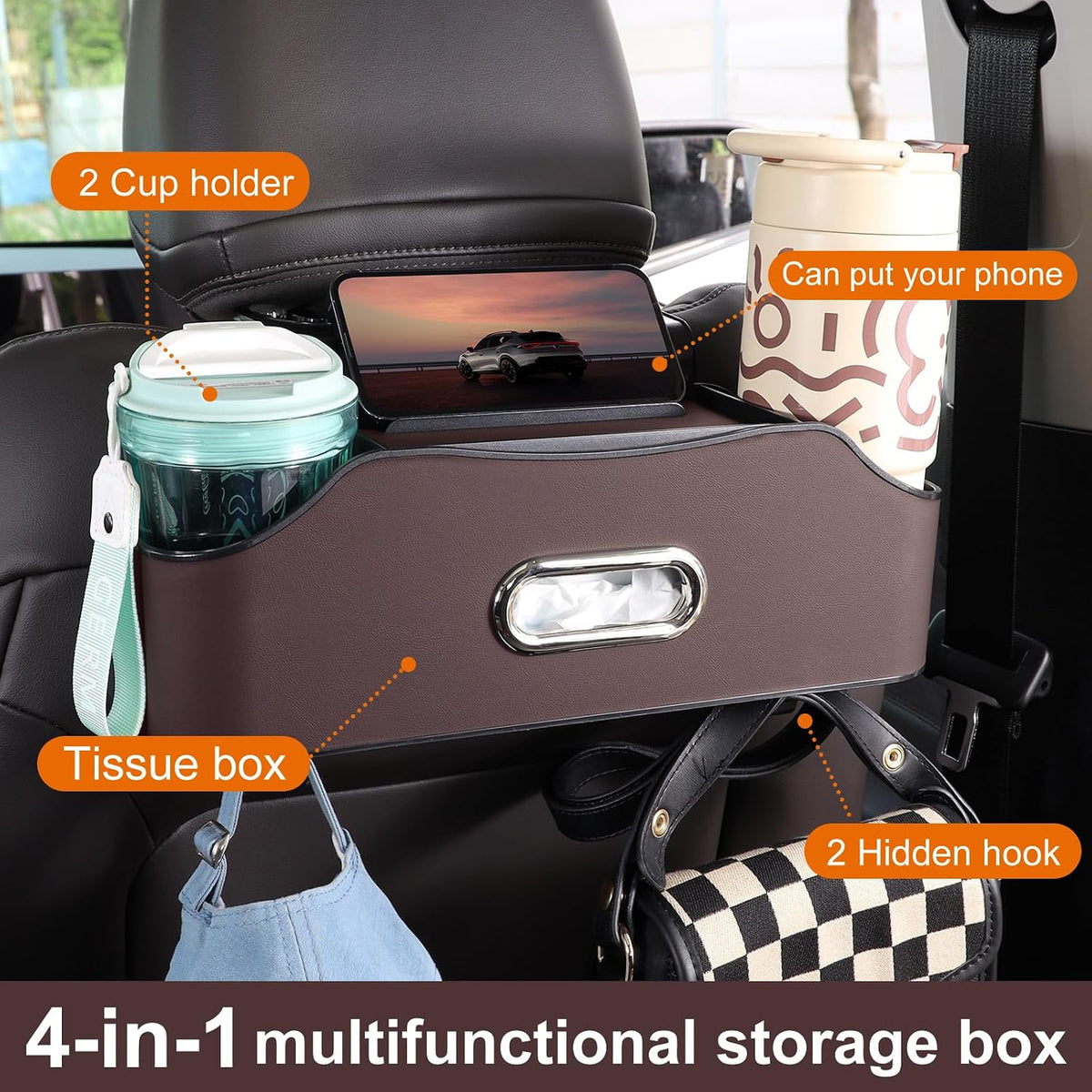 Back Seat Cup Holder for Car – Multifunctional Seat Back Organizer with Drink Holders, Tissue Box Storage & Hooks, Fits Headrest for Auto. (Brown)