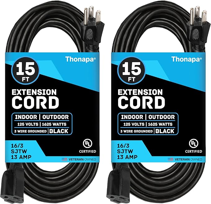 Thonapa 13 Amp Outdoor Extension Cord 15 ft, 2 Pack, 16/3 SJTW 15 Foot Black Extension Cord 3 Prong Multi Pack, Weatherproof ExteriorPower Cable for Outdoor Lights, Landscaping, Lawn, UL Certified