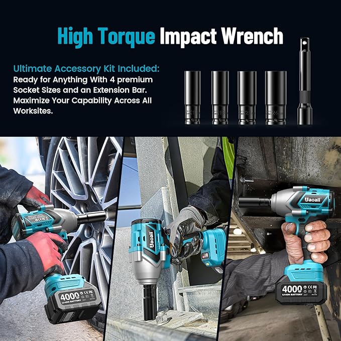 1/2 Impact Wrench 1200N.m, 1/2 Impact Gun & 2x 21V 4000mAh Batteries, Fast Charger, 4 Sockets & Storage Box, High Torque Impact Drive for Lug Nuts, Cars, Tires