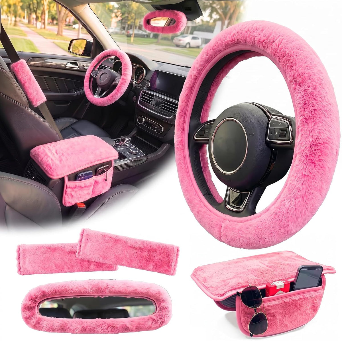 5 Pcs Fuzzy Pink Color Car Accessories Set, Soft Fluffy Plush Steering Wheel Cover, Center Console Armrest Pad & Rearview Mirror Cover - Interior Decorations for Women,Universal Fit (Pink)