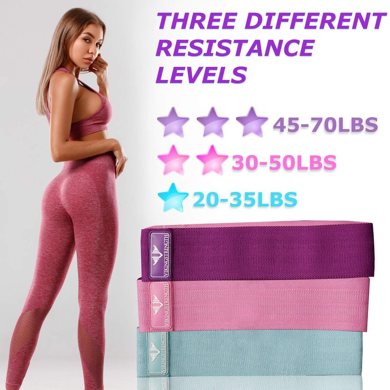 Vikingstrength Booty Bands, Resistance Bands, 3 Levels Exercise Workout Elastic Bands for Legs and Butt, Non-Slip Glute Hip Thigh Band, Booty Bands for Woman Gym Work Out + V-Strength Workout App