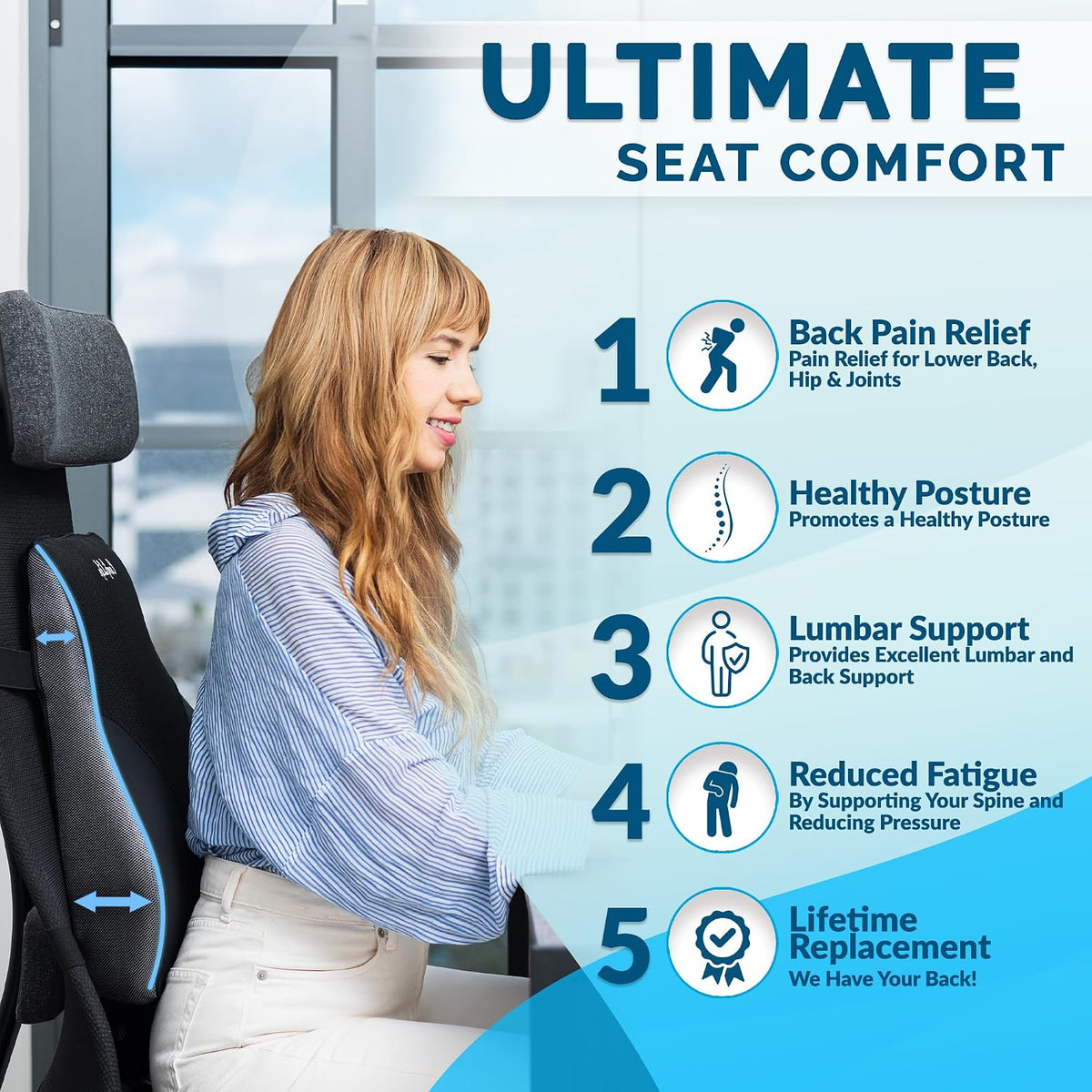 ComfiLife Lumbar Support Pillow for Office Chair – Premium Memory Foam Lumbar Pillow – Back Support for Office Chair, Car – Back Pain Relief, Improves Posture – 3 Adjustable Straps, Mesh + Leatherette