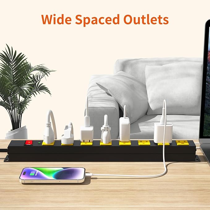 8 Outlet Power Strip 2100J Surge Protector, 10FT Heavy Duty Extension Cord Wide Spaced Outlet and Wall Mount Metal Powerstrip for Home Office Garage Workshop