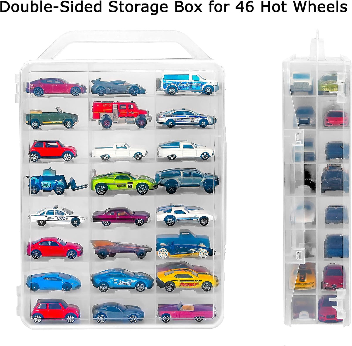 Double Sided Storage Case for 48 Toy Cars, Matchbox Cars, Portable Transparent Storage Case with 48 Compartments, Case Only (Transparent)…
