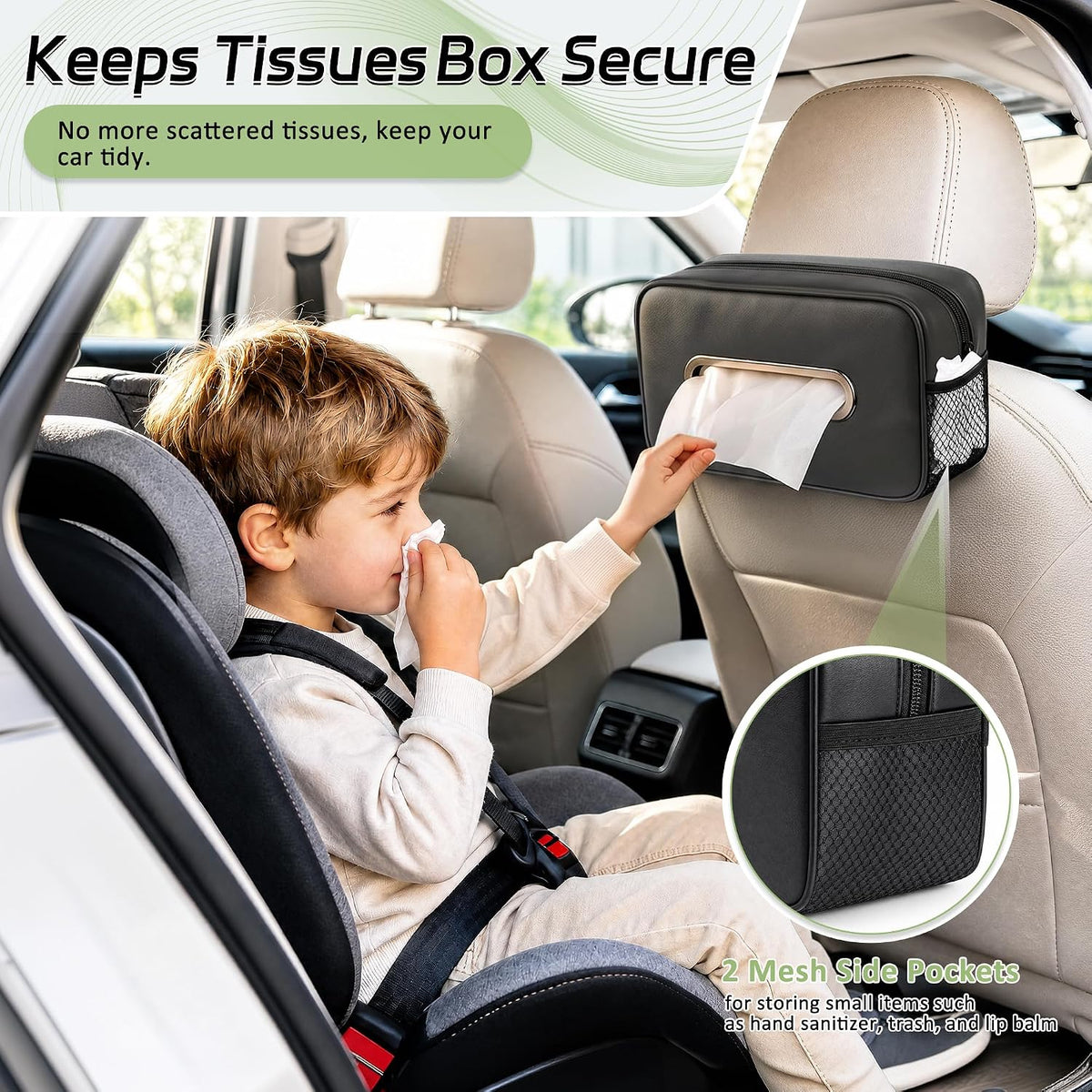 2PC Car Tissue Box Holder PU Leather Car Organizer with Side Storage Pocket