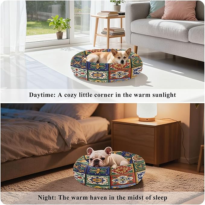 Round Cat Bed Dog Bed,15.7in Mexican Tile Patterns Washable Non-Slip Bottom Soft Pet Bed for Small Medium Dogs and Cats