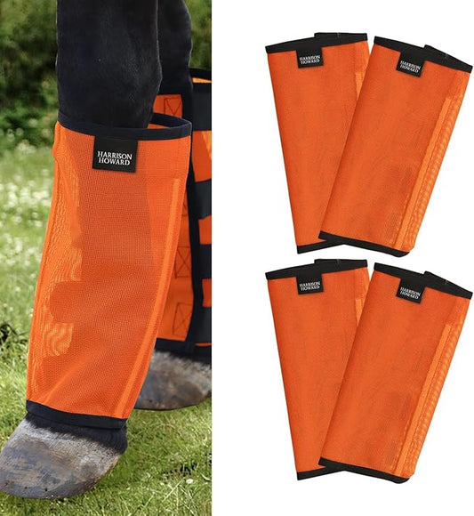Harrison Howard Loose Fitting Fly Boots UV-Protective Extra Tough Mesh Ventilated Four Fasteners Stay-on Design Protect Horse Legs & Stomp-Reducing Set of 4 Orange Large
