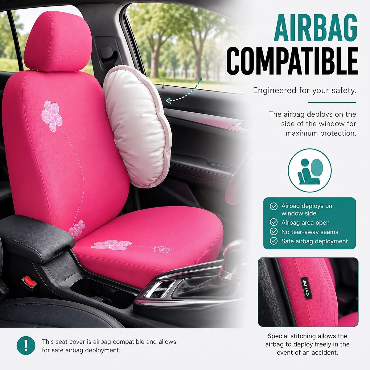 FH Group Full Set Cloth Car Seat Covers - Low Back Front Seat Covers, Universal Fit, Airbag Compatible, Split Bench Rear Seat, Washable Seat Cover for SUV, Sedan, Van, Pink