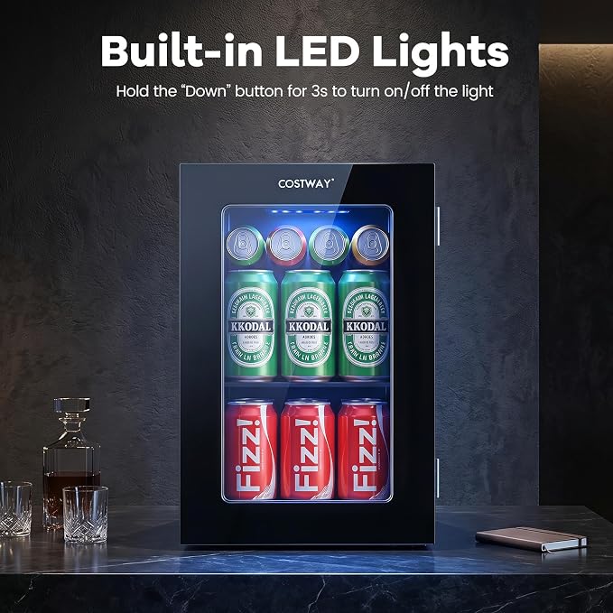 COSTWAY 24 Cans Beverage Refrigerator, 18L/0.6 Cu.Ft Countertop Mini Fridge | Quiet Drink Cooler with Touch Panel, 40-61℉ Thermostat, Tri-Layer Insulated Door and Blue LED Lights for Home Office & Bar