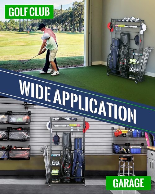 Mythinglogic Golf Bag Storage Organizer - 2-Bag Stand with 4 Removable Hooks | Golf Equipment Rack
