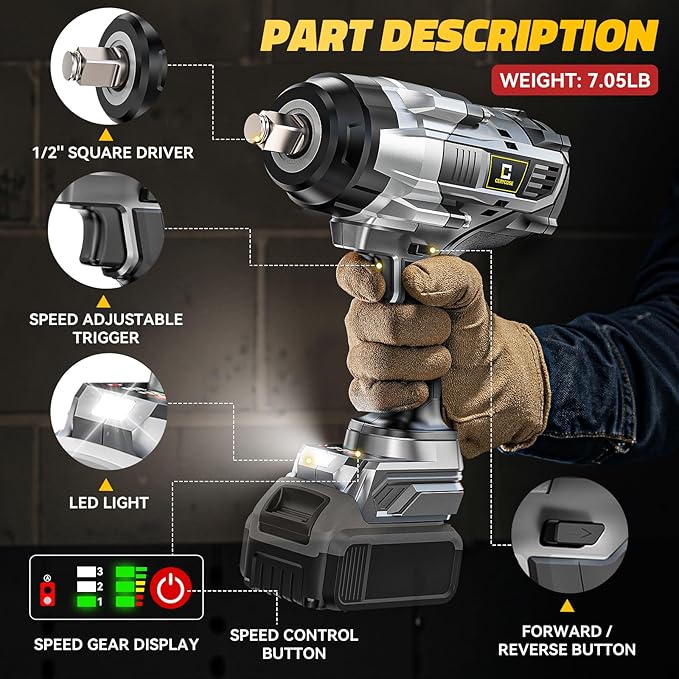 Cordless Impact Wrench 1/2 inch Compatible with DeWalt 20V Battery: 1700FT-LBS High Torque Impact Wrench Heavy Duty Tool with 6 Sockets - Brushless Electric Impact Gun LED Work Light - Bare Tool Only