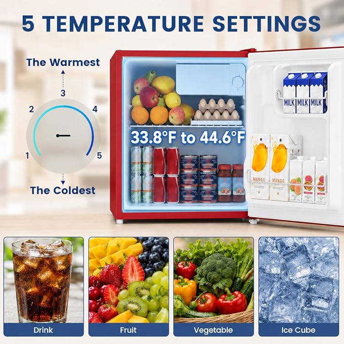 1.7 Cu.Ft Mini Fridge with Freezer for Dorm Office, Red | Compact Refrigerator Office, Energy Saving Small Fridge Reversible Single Door, Low Noise for Bedroom Small Apartment